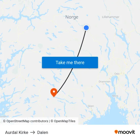 Aurdal Kirke to Dalen map