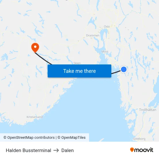 Halden Bussterminal to Dalen map
