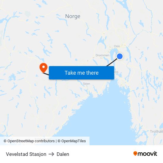 Vevelstad Stasjon to Dalen map