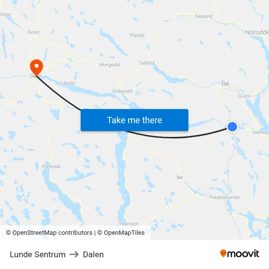 Lunde Sentrum to Dalen map