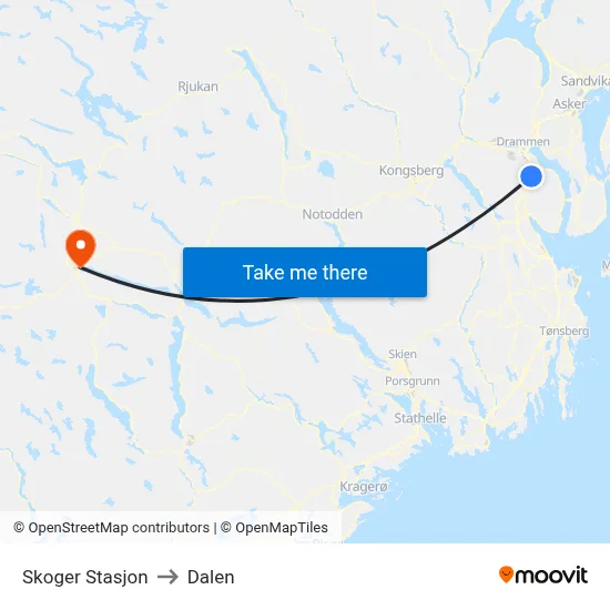 Skoger Stasjon to Dalen map