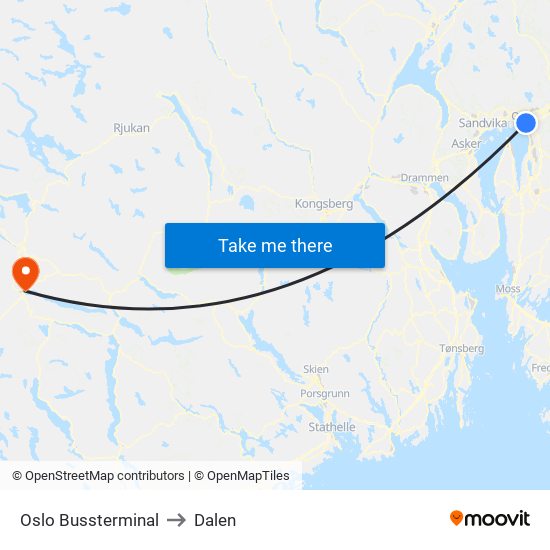 Oslo Bussterminal to Dalen map