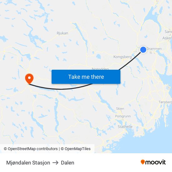 Mjøndalen Stasjon to Dalen map