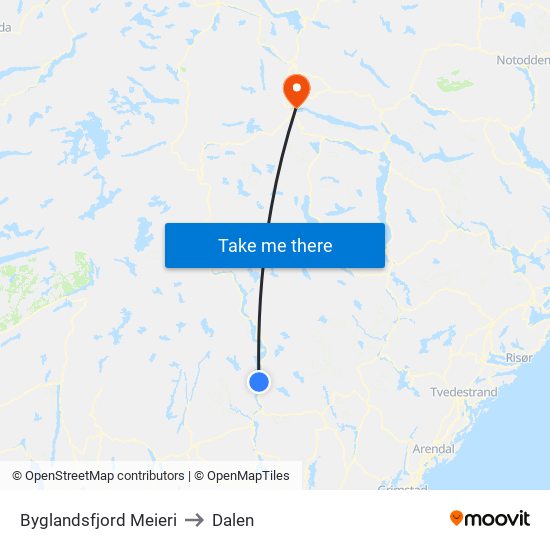 Byglandsfjord Meieri to Dalen map
