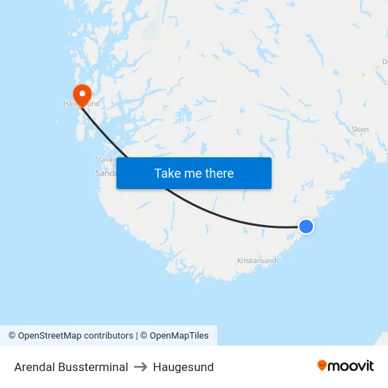 Arendal Bussterminal to Haugesund map