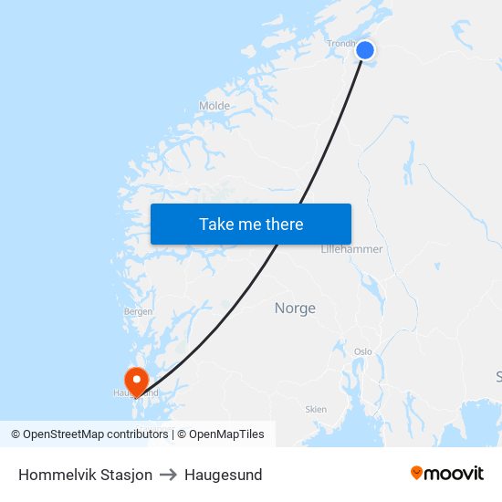 Hommelvik Stasjon to Haugesund map