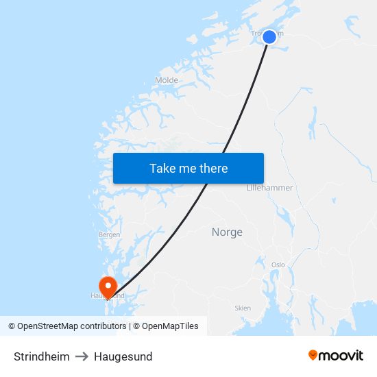 Strindheim to Haugesund map