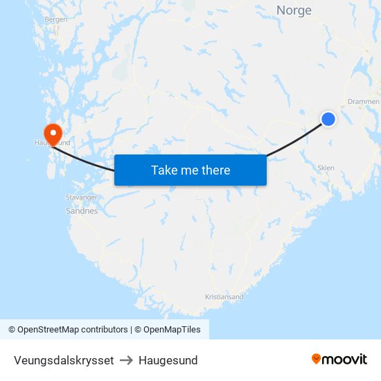 Veungsdalskrysset to Haugesund map