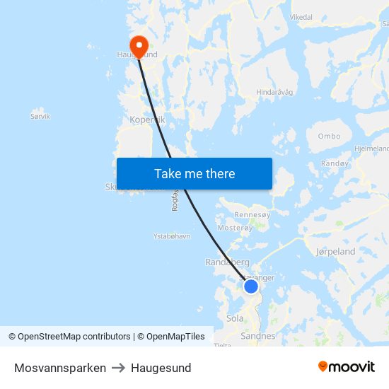 Mosvannsparken to Haugesund map