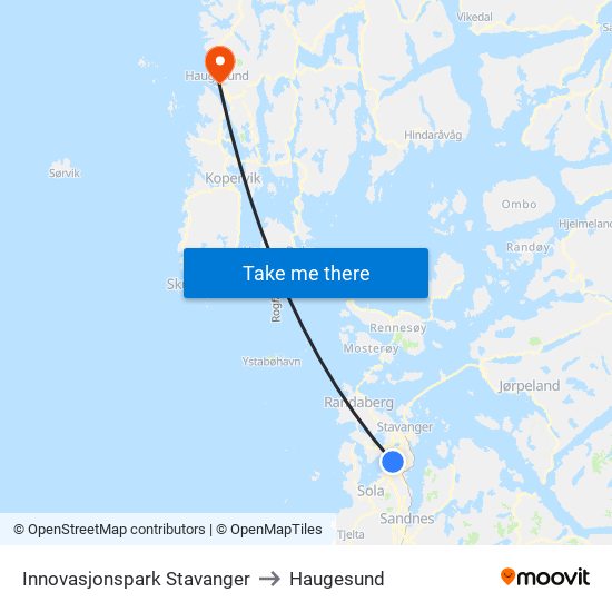 Innovasjonspark Stavanger to Haugesund map