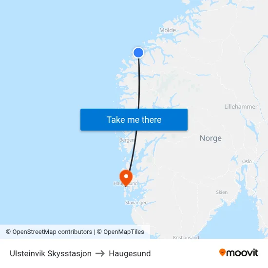Ulsteinvik Skysstasjon to Haugesund map
