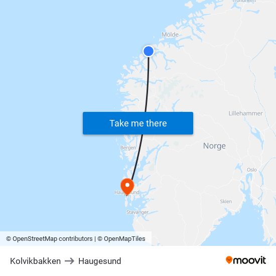 Kolvikbakken to Haugesund map