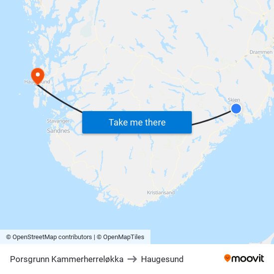 Porsgrunn Kammerherreløkka to Haugesund map