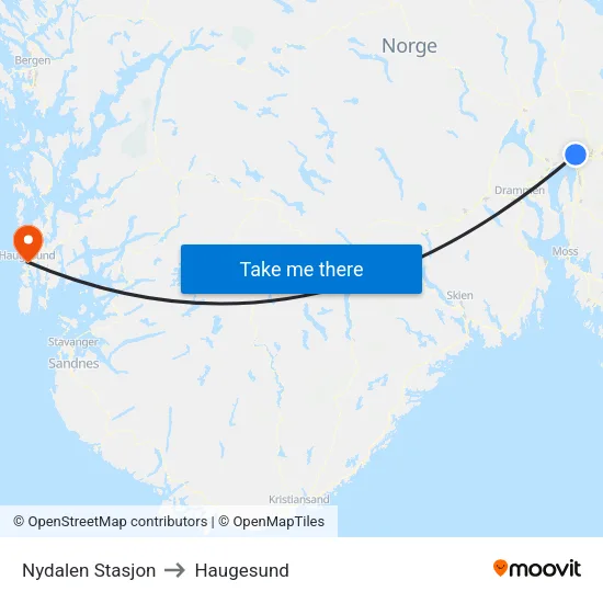 Nydalen Stasjon to Haugesund map