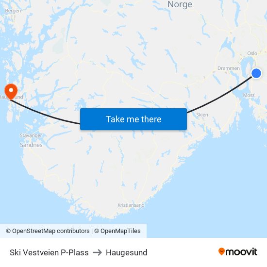 Ski Vestveien P-Plass to Haugesund map