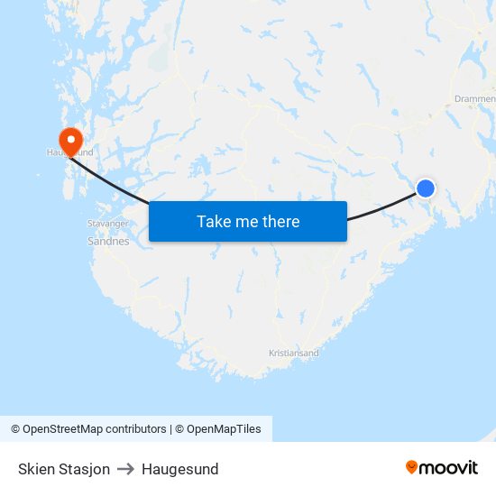 Skien Stasjon to Haugesund map