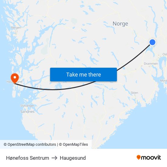 Hønefoss Sentrum to Haugesund map