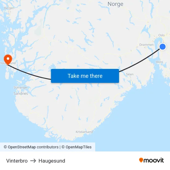 Vinterbro to Haugesund map