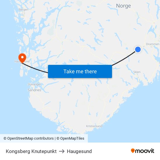 Kongsberg Knutepunkt to Haugesund map