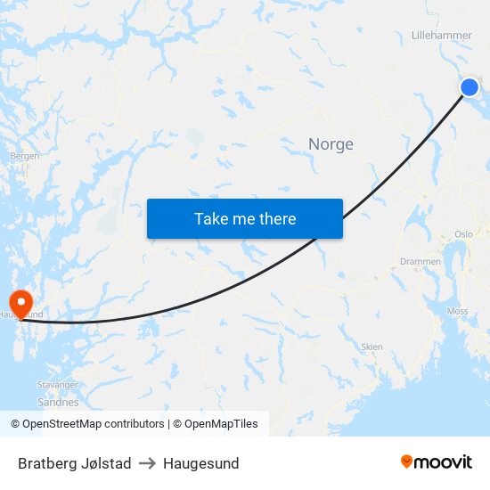 Bratberg Jølstad to Haugesund map