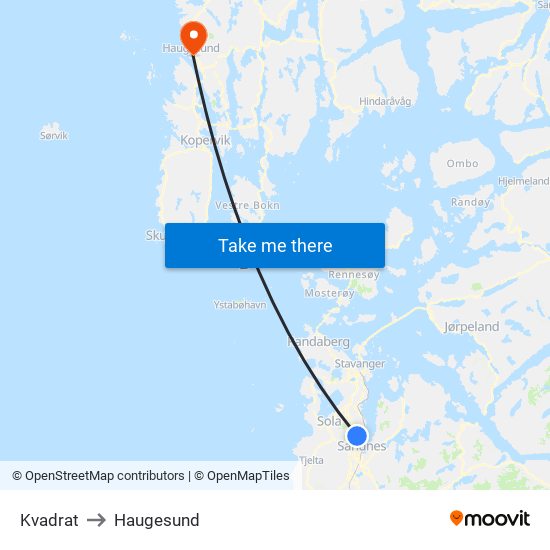 Kvadrat to Haugesund map