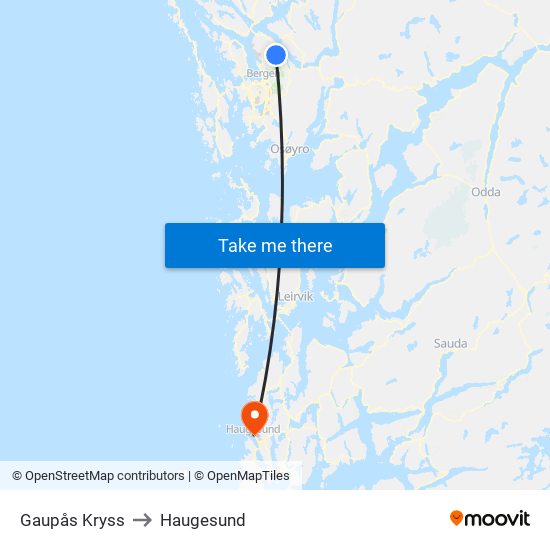 Gaupås Kryss to Haugesund map