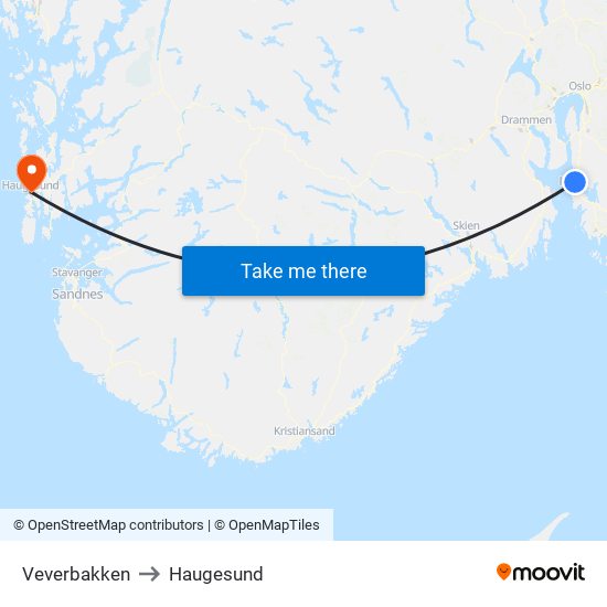 Veverbakken to Haugesund map