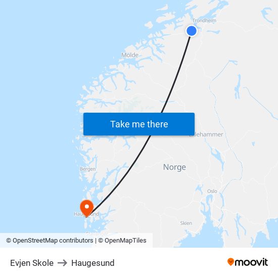 Evjen Skole to Haugesund map