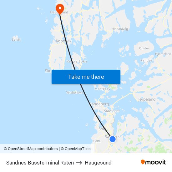 Sandnes Bussterminal Ruten to Haugesund map