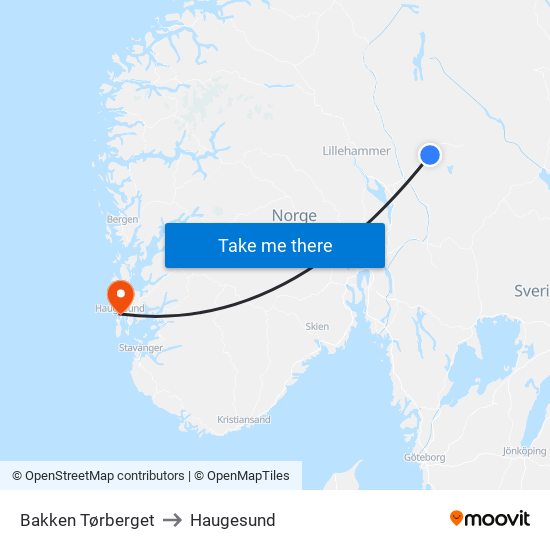 Bakken Tørberget to Haugesund map