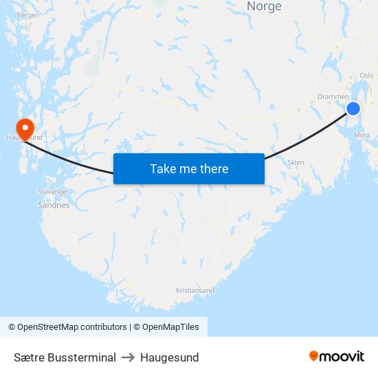 Sætre Bussterminal to Haugesund map