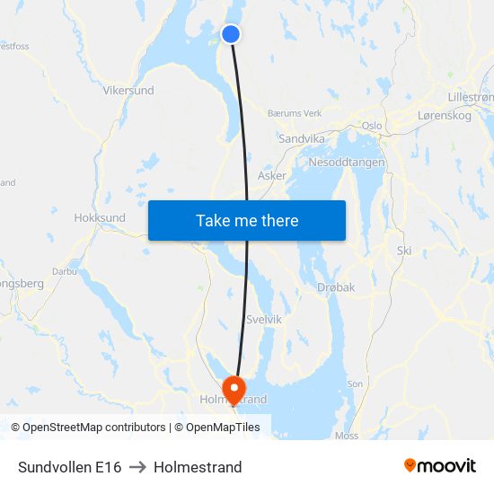 Sundvollen E16 to Holmestrand map