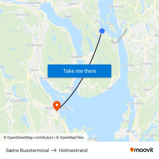 Sætre Bussterminal to Holmestrand map