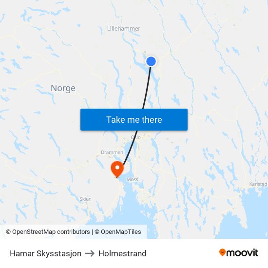 Hamar Skysstasjon to Holmestrand map