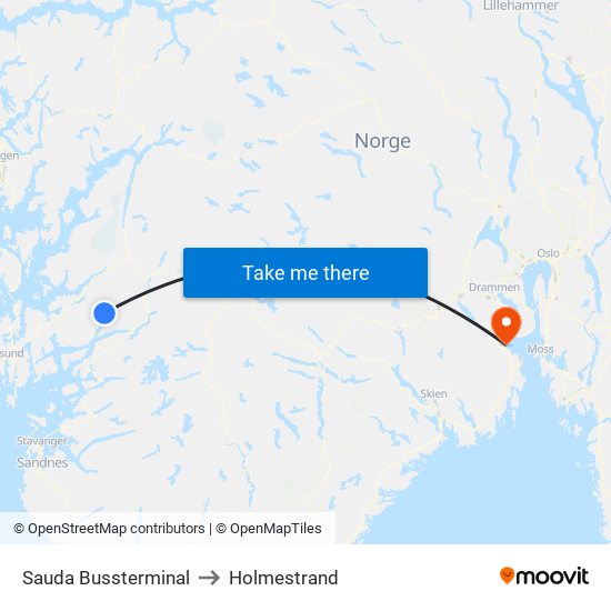 Sauda Bussterminal to Holmestrand map