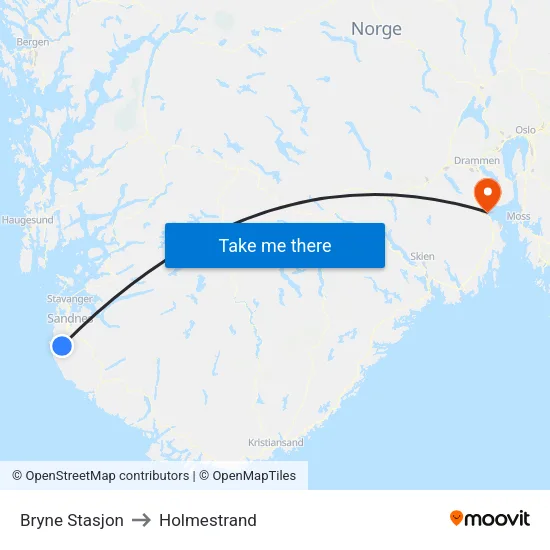 Bryne Stasjon to Holmestrand map