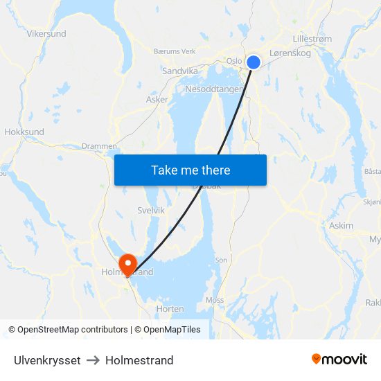 Ulvenkrysset to Holmestrand map