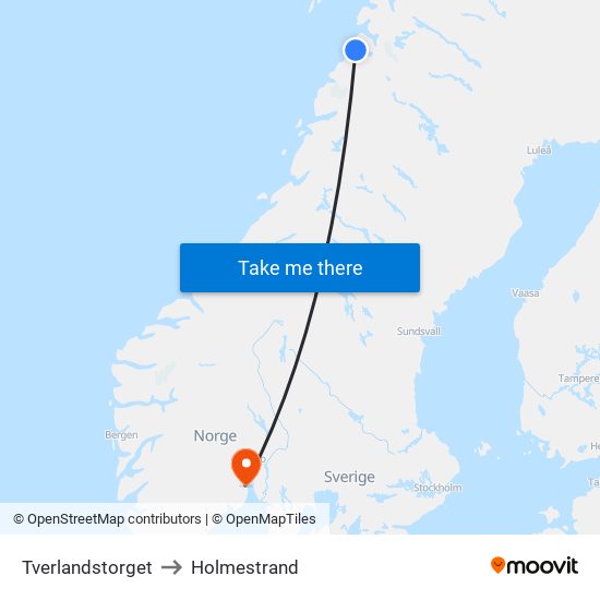 Tverlandstorget to Holmestrand map