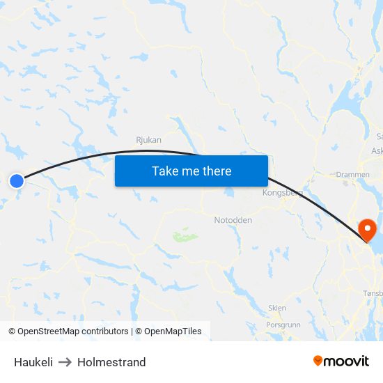 Haukeli to Holmestrand map