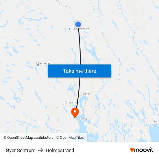 Øyer Sentrum to Holmestrand map