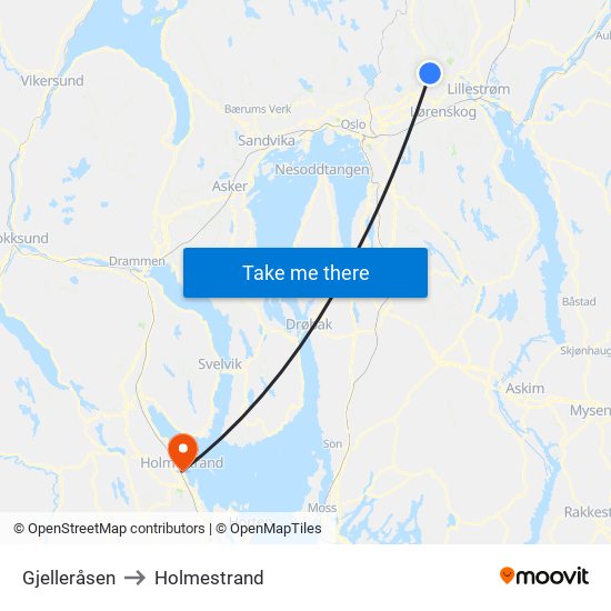 Gjelleråsen to Holmestrand map