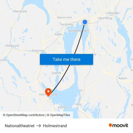 Nationaltheatret to Holmestrand map