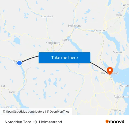 Notodden Torv to Holmestrand map