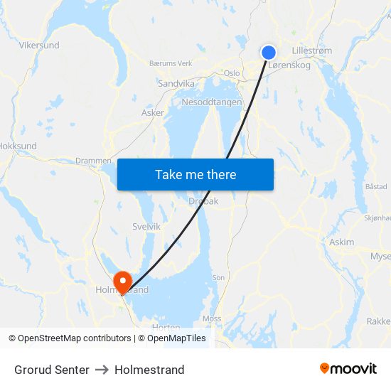 Grorud Senter to Holmestrand map