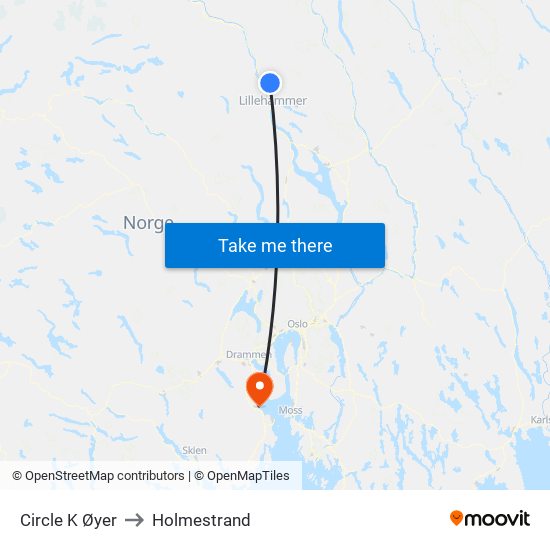 Circle K Øyer to Holmestrand map