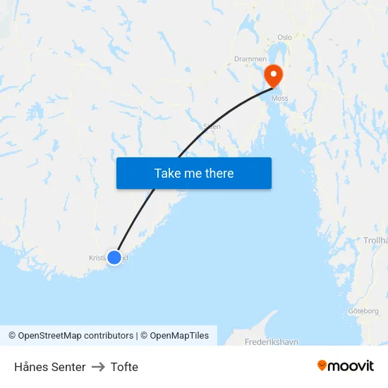 Hånes Senter to Tofte map