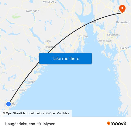 Haugåsdalstjenn to Mysen map