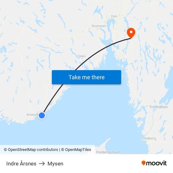 Indre Årsnes to Mysen map