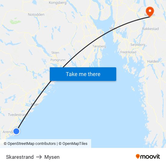 Skarestrand to Mysen map