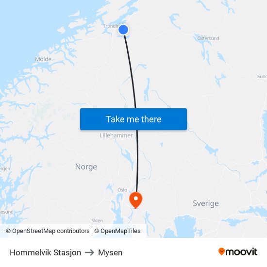 Hommelvik Stasjon to Mysen map